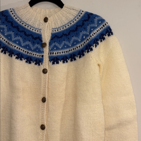 Handknit One of a Kind Handmade Cream + Blue Fair Isle Norwegian Style Cardigan - Picture 6 of 16